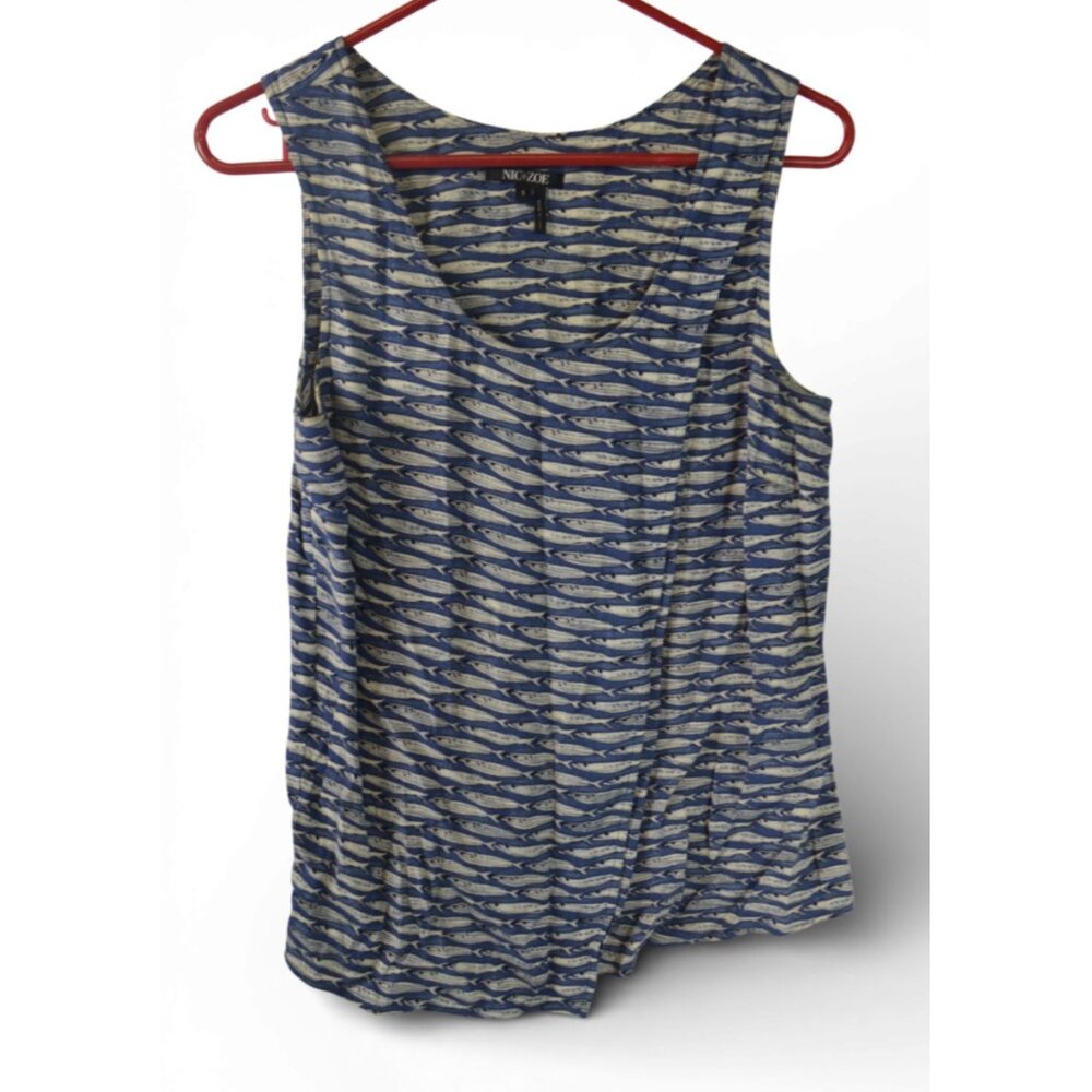 Nic + Zoe Blue Fish Print Sleeveless Top Tank Blouse Size S Small